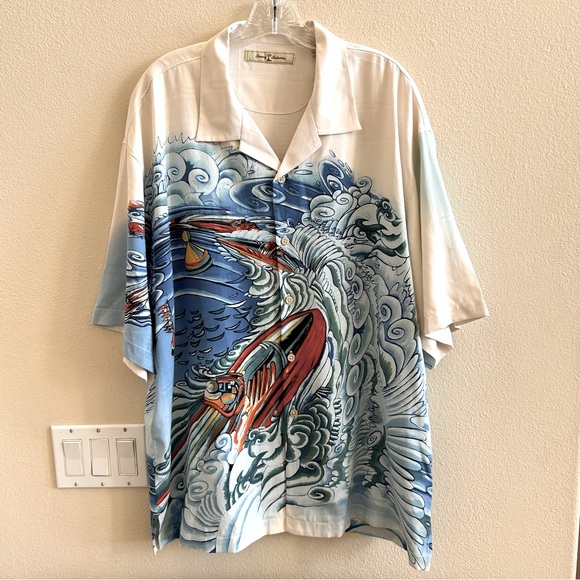 Tommy Bahama Silk Racing Regatta Button Front Shirt in XL White Blue Red - Picture 2 of 9